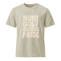Beige t-shirt with 'MUNI GOLF QUEENS PRIDE' text | Queens Country Club