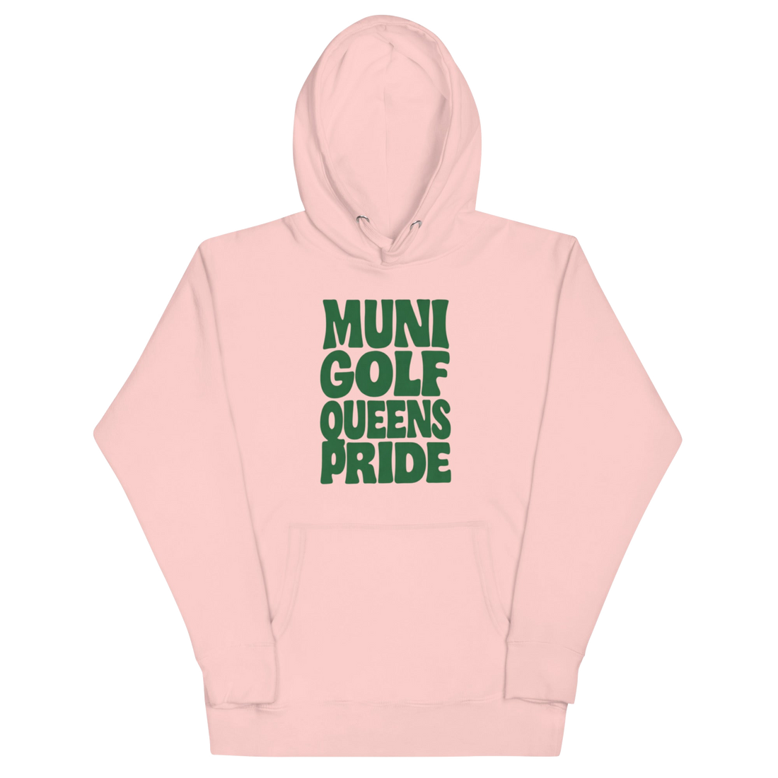 Muni Golf Queens Pride Hoodie- Green in Light Pink — front view | Queens Country Club