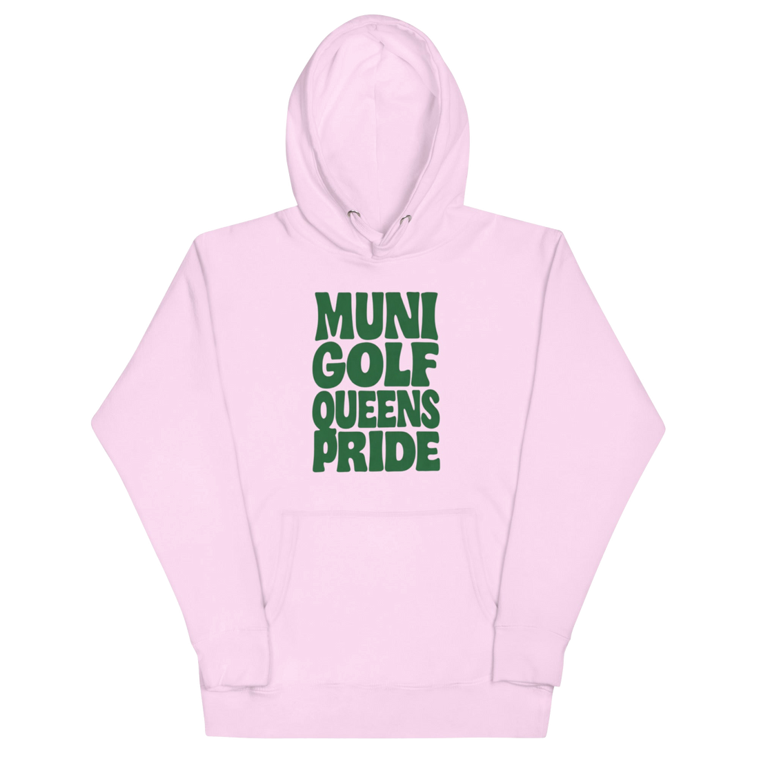 Muni Golf Queens Pride Hoodie- Green in Lavender — front view | Queens Country Club