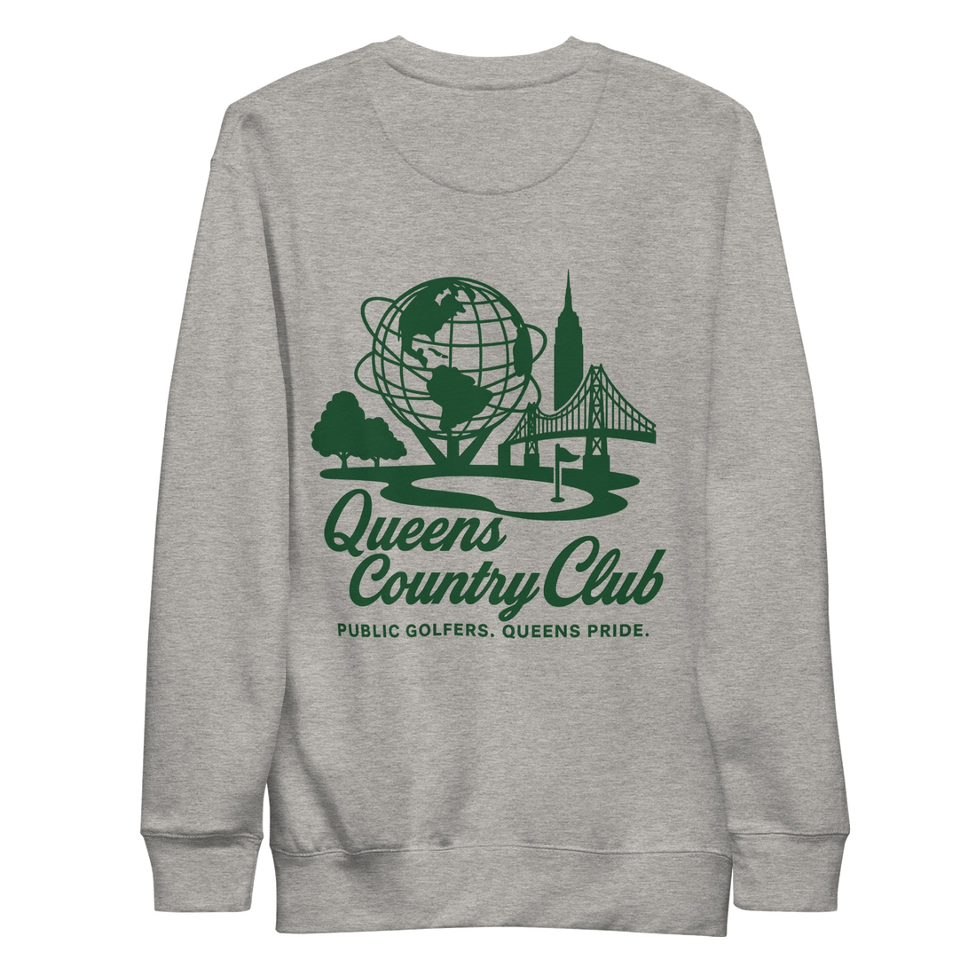 Queens Unisphere Golf Sweatshirt - light colors in Carbon Grey — back view | Queens Country Club