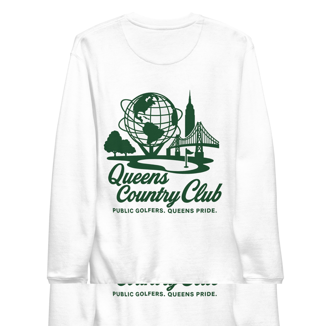 Queens Unisphere Golf Sweatshirt - light colors in White — back view | Queens Country Club