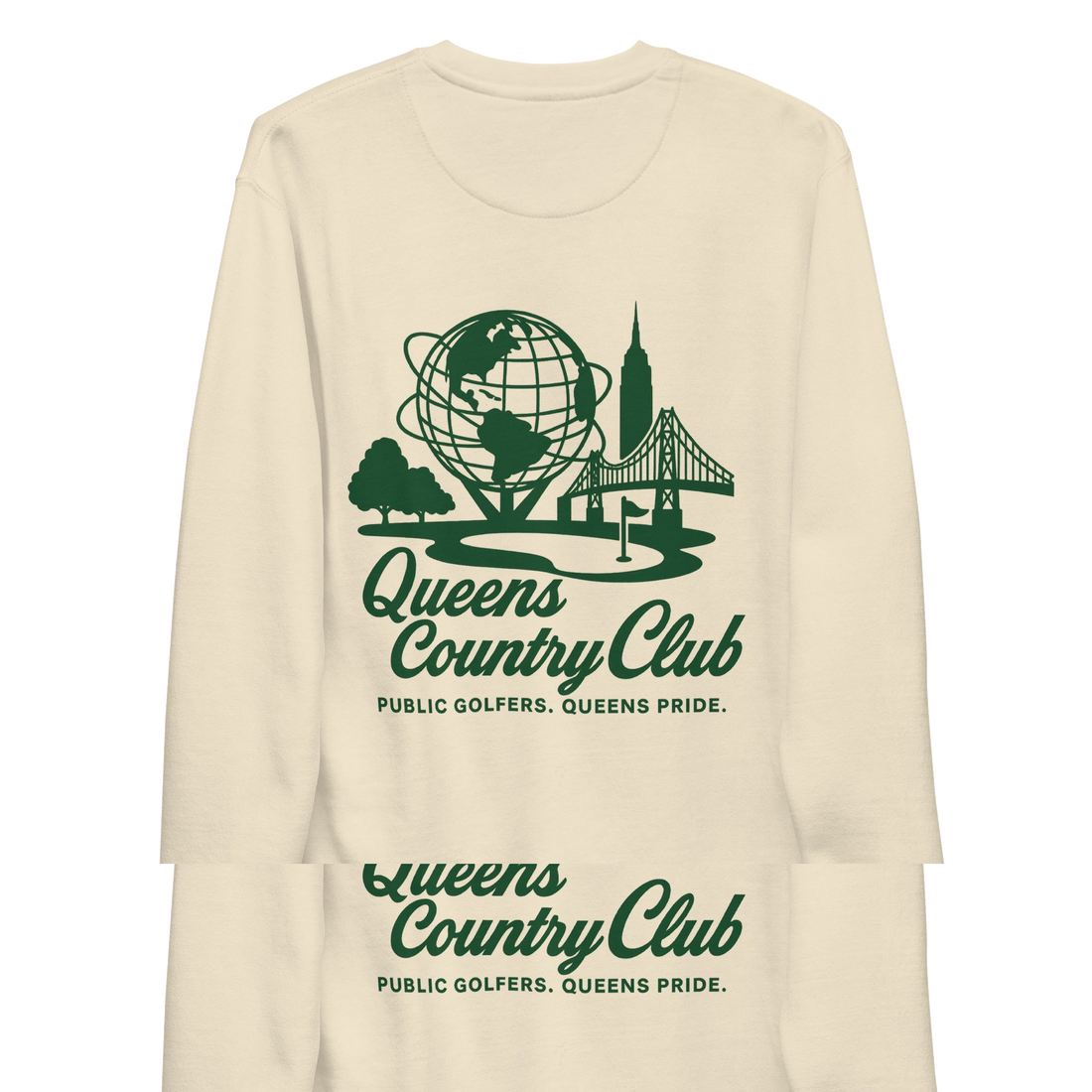 Queens Unisphere Golf Sweatshirt - light colors in Bone — back view | Queens Country Club
