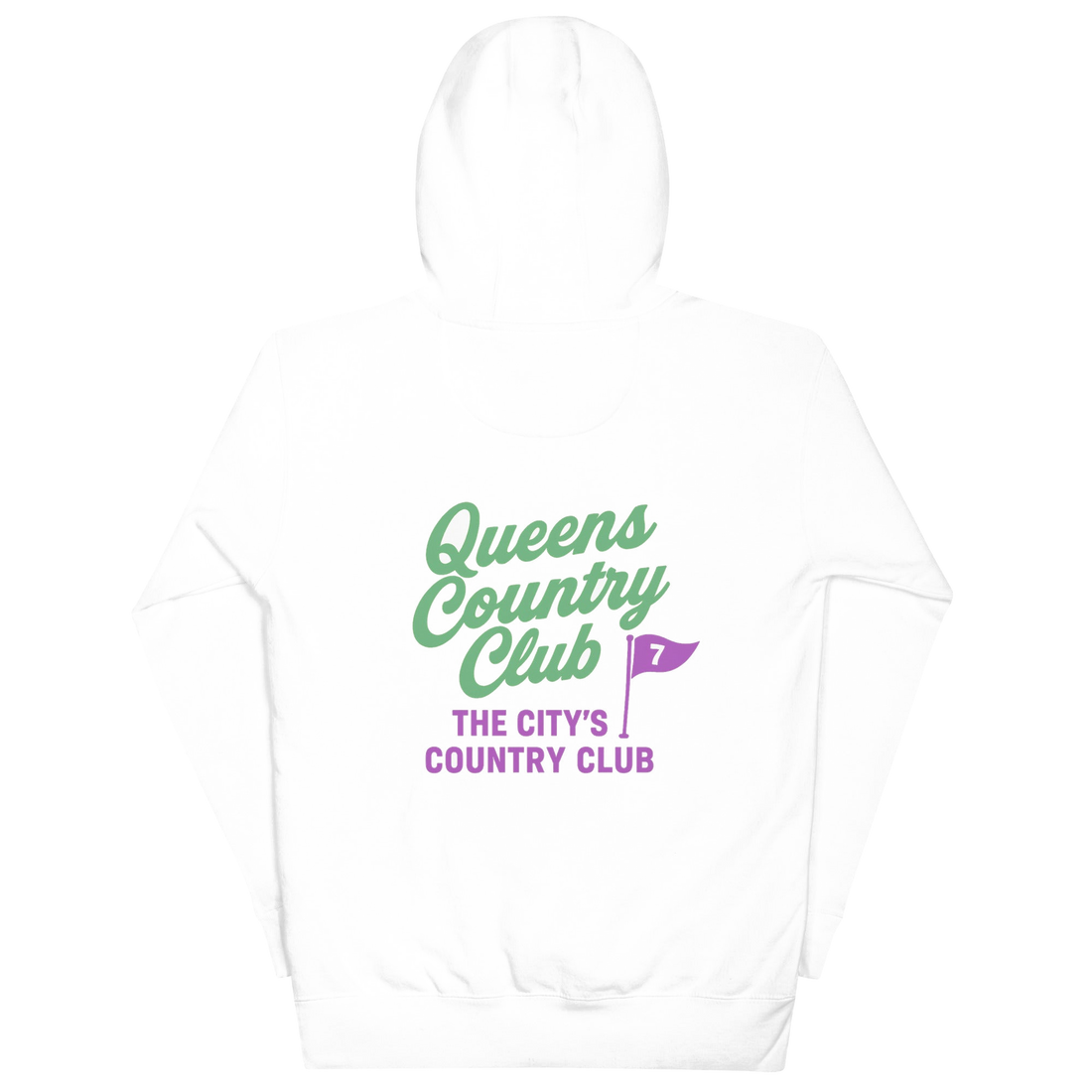 Queens CC “City’s Country Club” Hoodie in White — back view | Queens Country Club