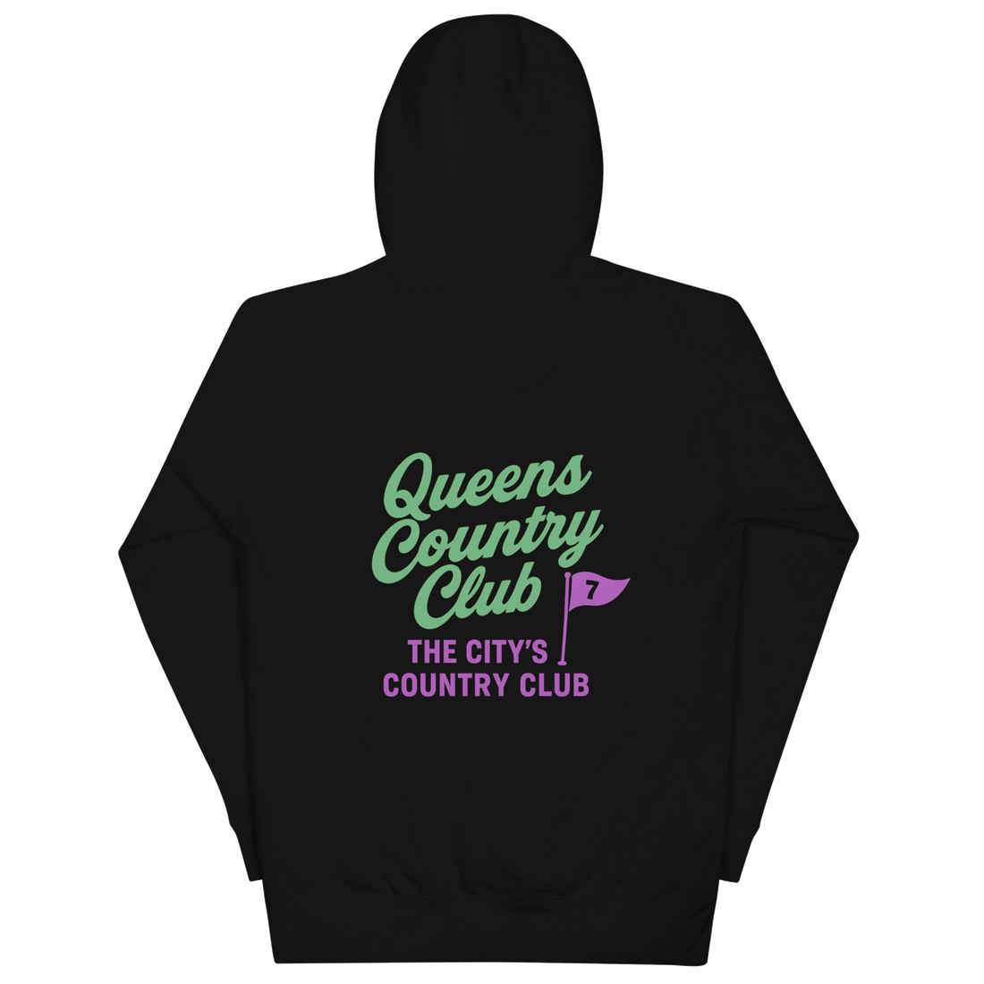 Queens CC “City’s Country Club” Hoodie in Black — back view | Queens Country Club