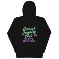 Queens CC “City’s Country Club” Hoodie in Black — back view | Queens Country Club