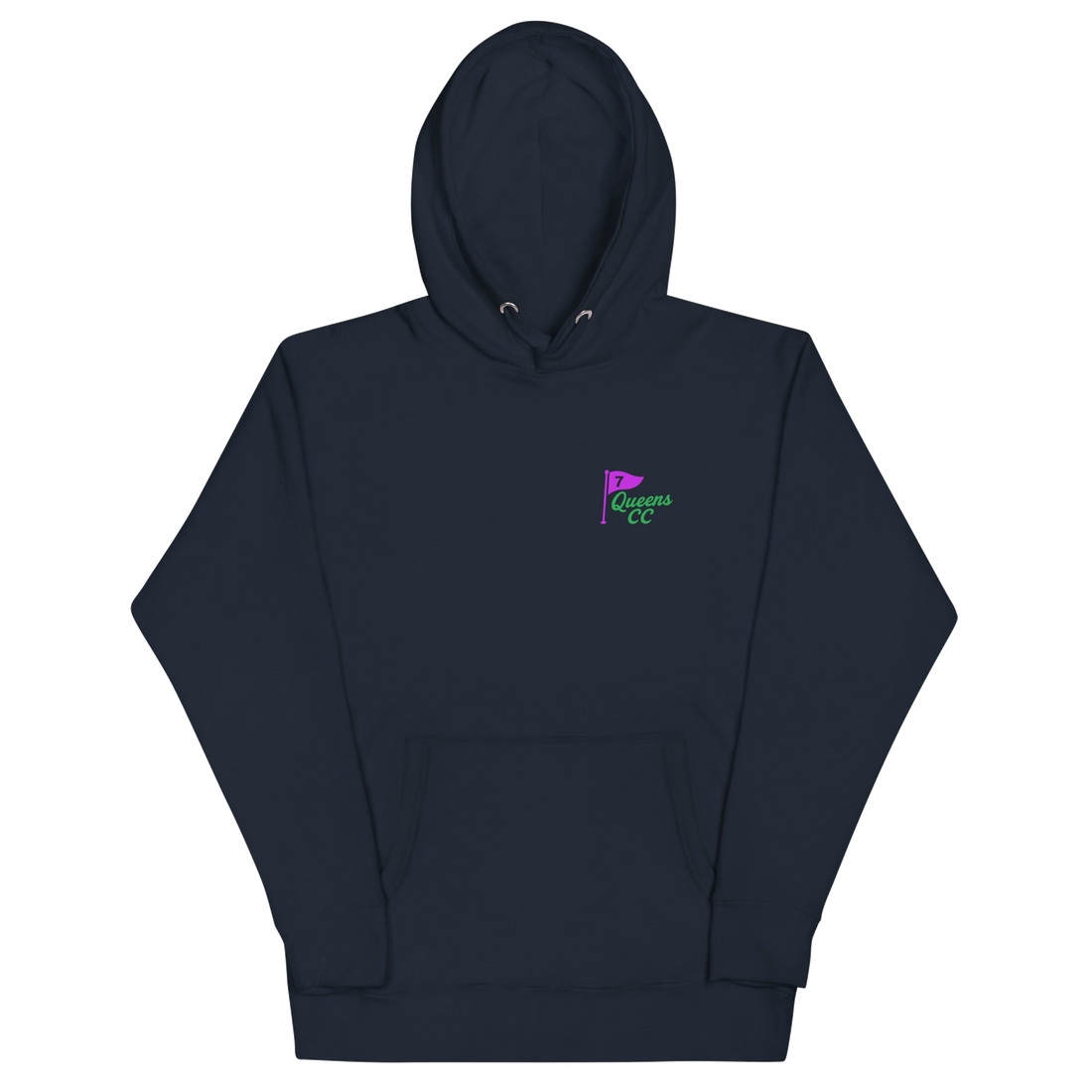 Queens CC “City’s Country Club” Hoodie in Navy Blazer — front view | Queens Country Club