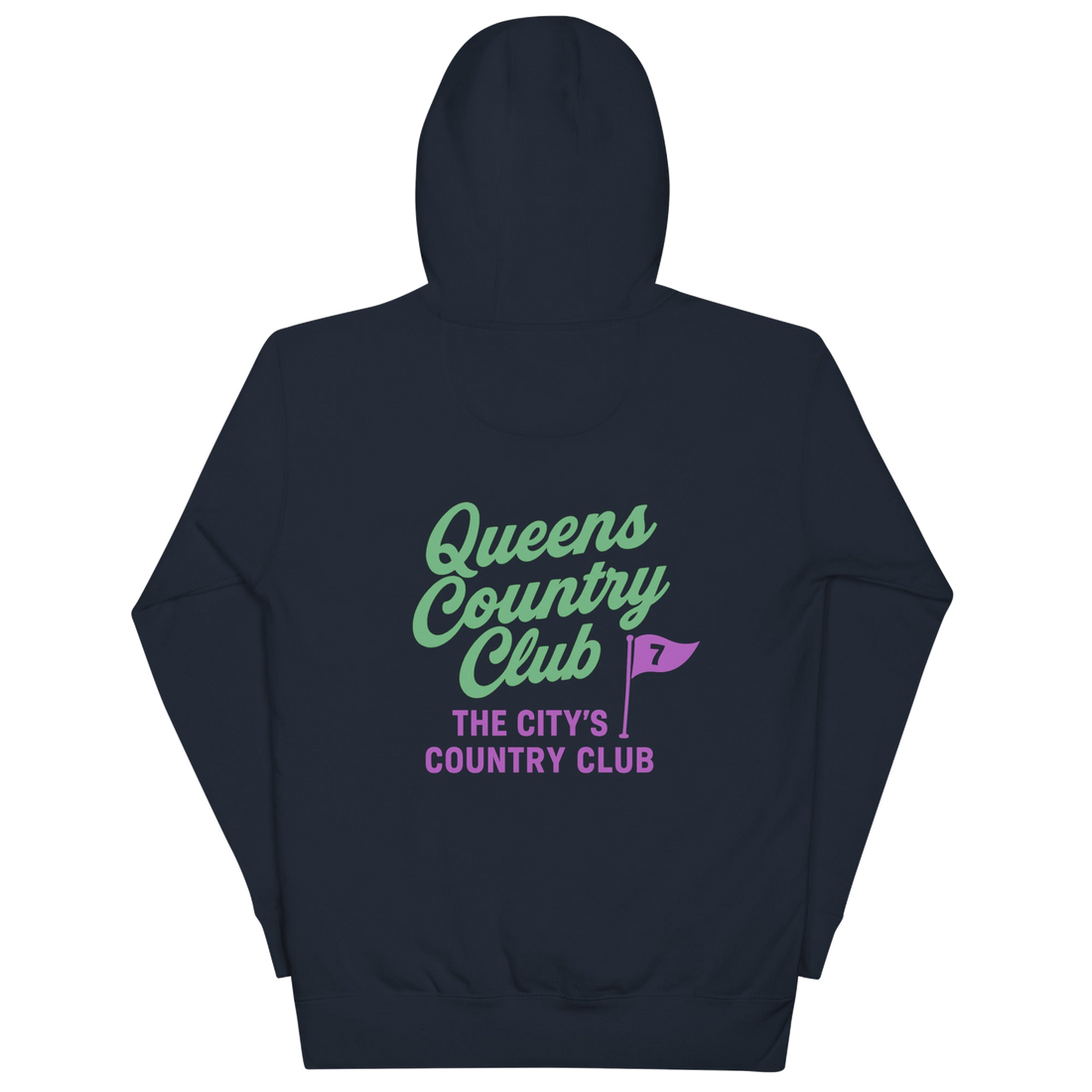 Queens CC “City’s Country Club” Hoodie in Navy Blazer — back view | Queens Country Club