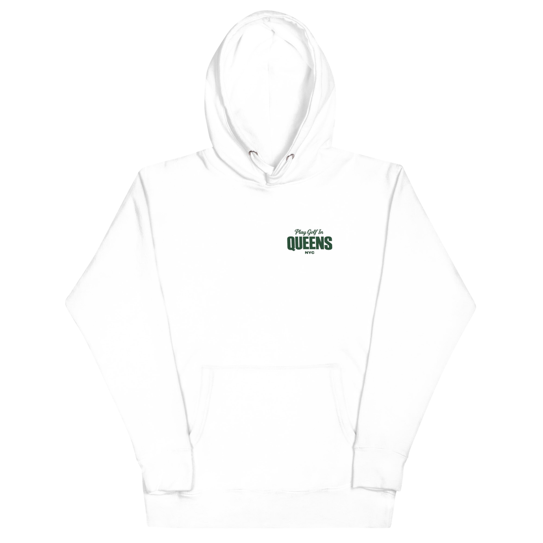 Queens Country Club Golf Society hoodie in White, front view with Play Golf in Queens NYC chest print