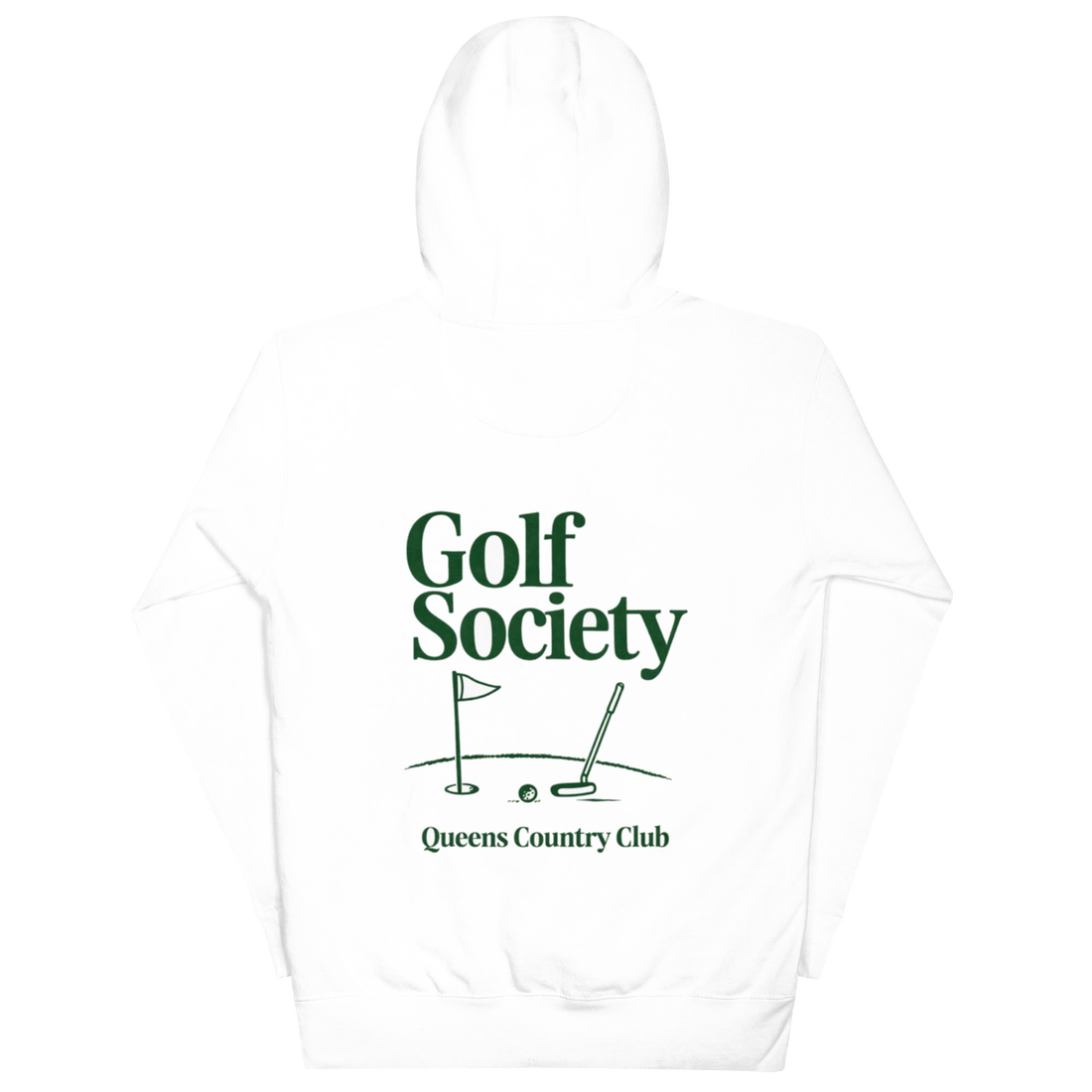 Queens Country Club Golf Society hoodie in White, back view with putting green, flagstick and putter graphic