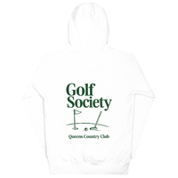 Queens Country Club Golf Society hoodie in White, back view with putting green, flagstick and putter graphic