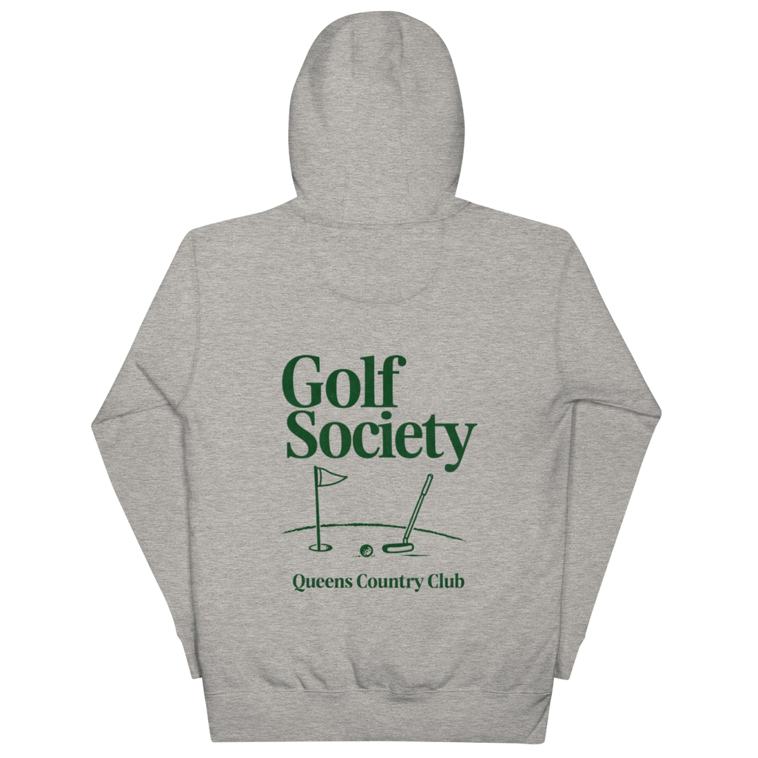 Queens Country Club Golf Society hoodie in Carbon Grey, back view with putting green, flagstick and putter graphic