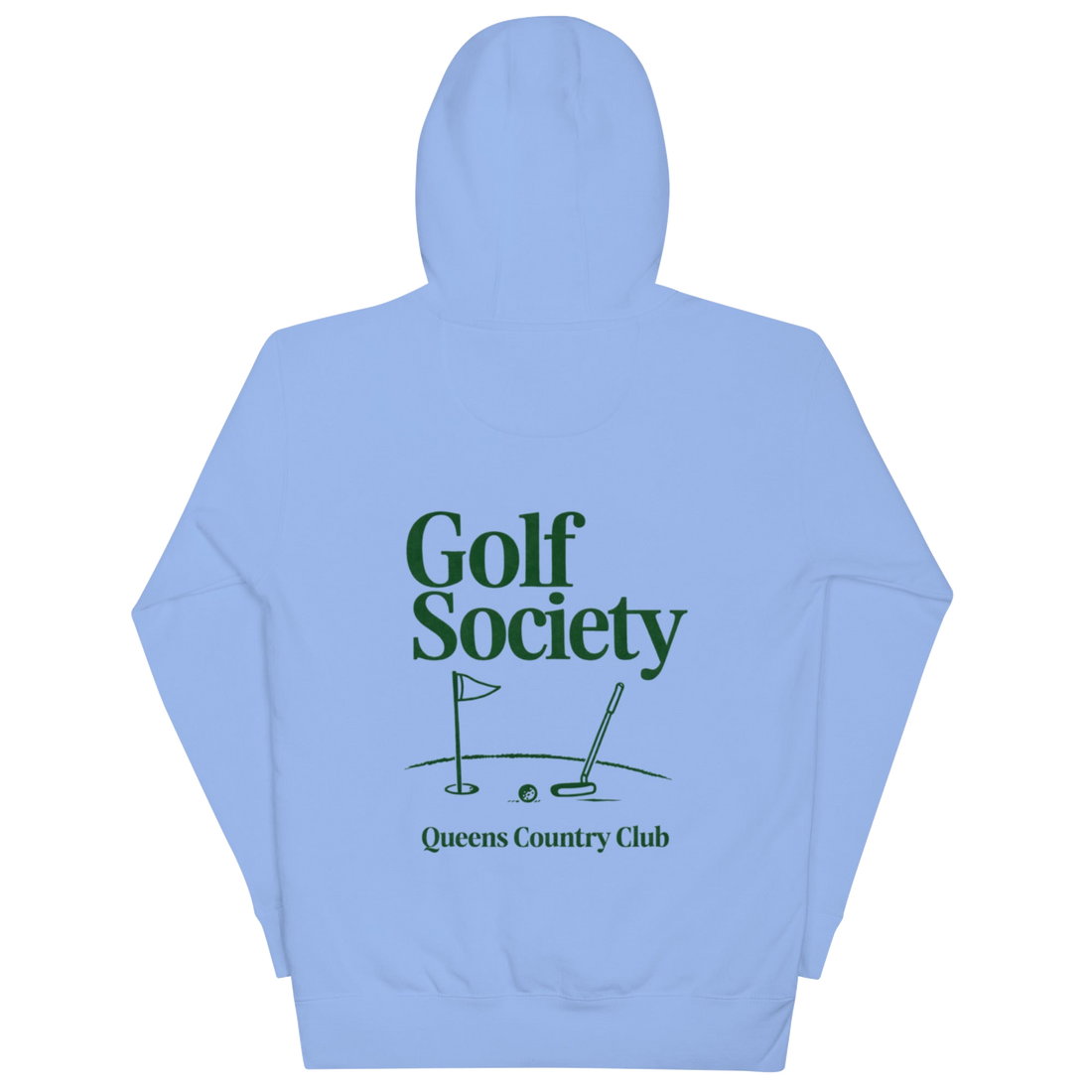 Queens Country Club Golf Society hoodie in Carolina Blue, back view with putting green, flagstick and putter graphic