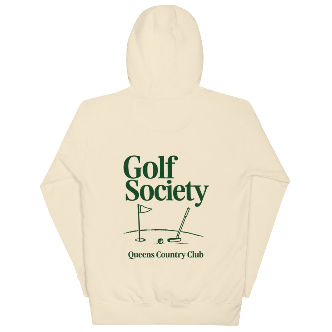 Queens Country Club Golf Society hoodie in Bone, back view with putting green, flagstick and putter graphic