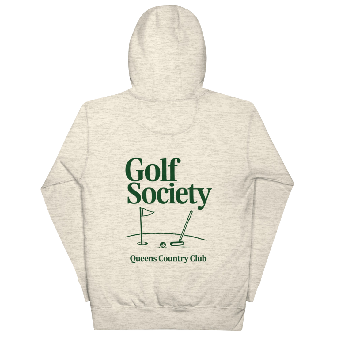 Queens Country Club Golf Society hoodie in Oatmeal Heather, back view with putting green, flagstick and putter graphic
