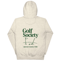 Queens Country Club Golf Society hoodie in Oatmeal Heather, back view with putting green, flagstick and putter graphic