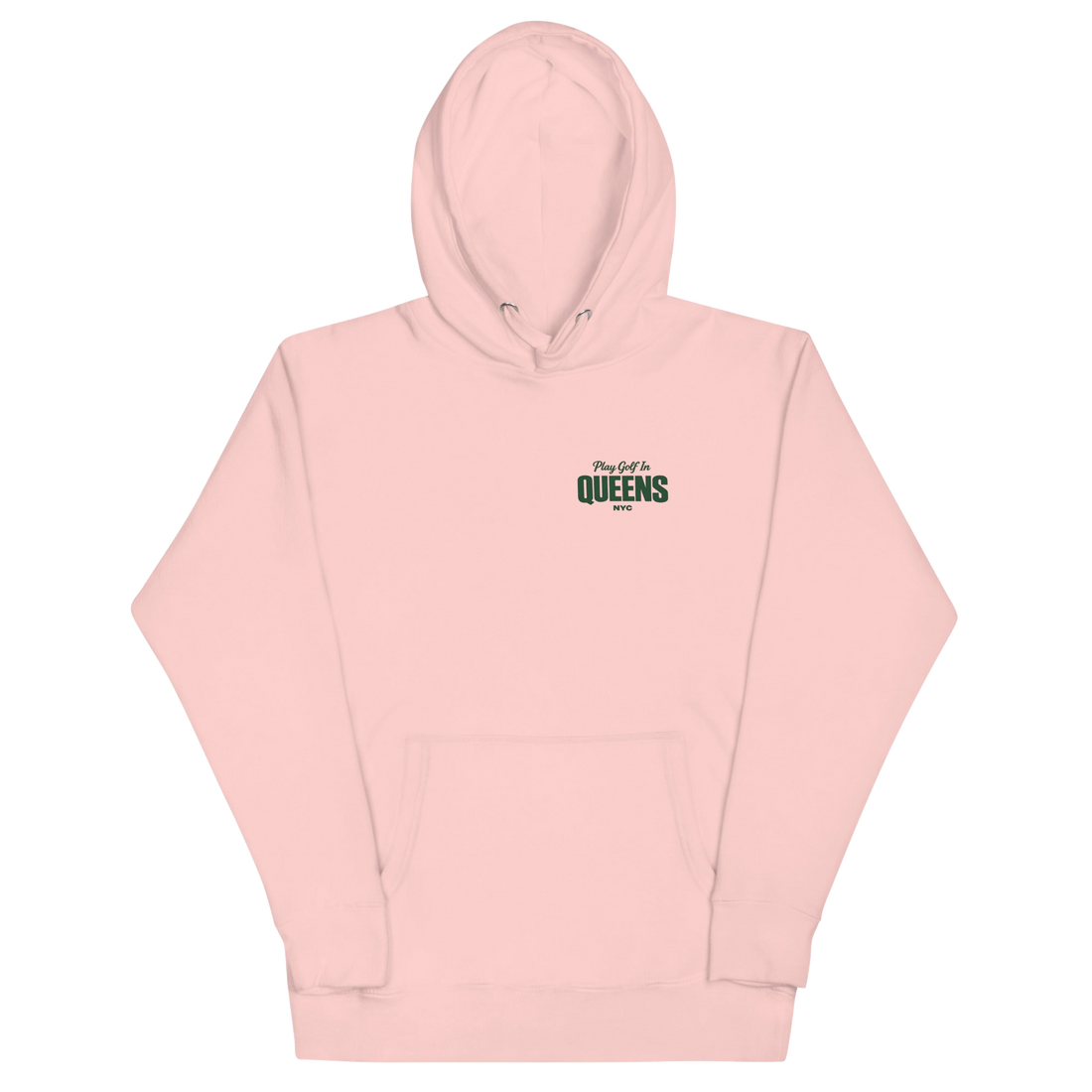 Queens Country Club Golf Society hoodie in Light Pink, front view with Play Golf in Queens NYC chest print