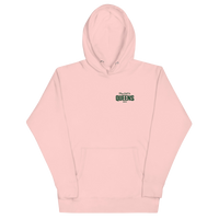 Queens Country Club Golf Society hoodie in Light Pink, front view with Play Golf in Queens NYC chest print