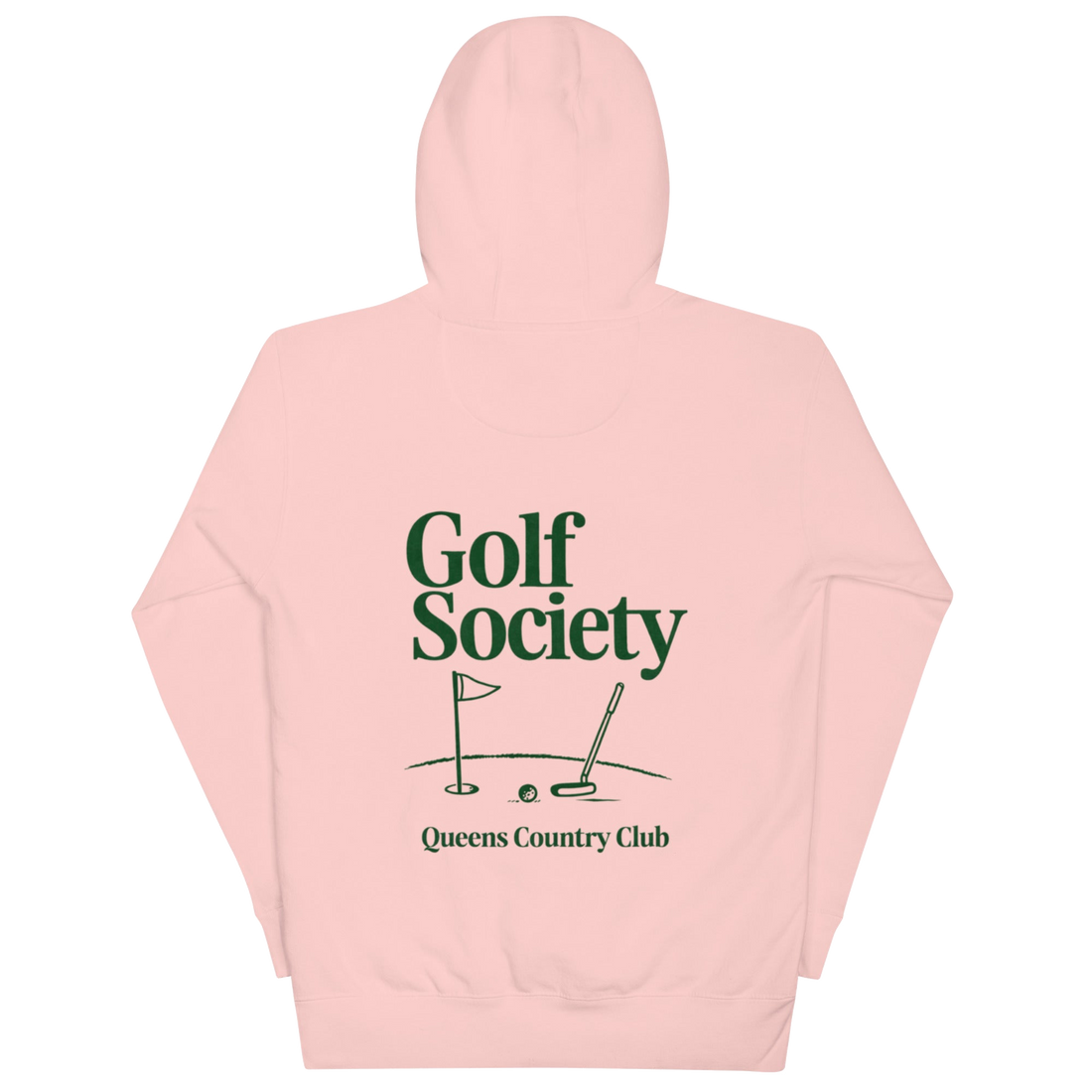 Queens Country Club Golf Society hoodie in Light Pink, back view with putting green, flagstick and putter graphic