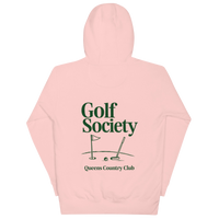 Queens Country Club Golf Society hoodie in Light Pink, back view with putting green, flagstick and putter graphic