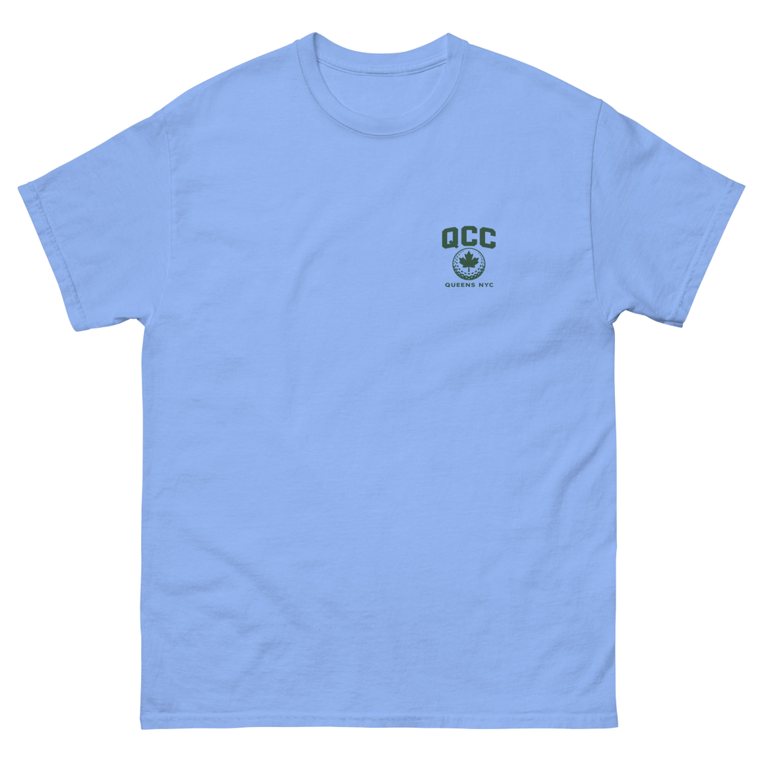 Queens Country Club sky blue T-shirt with forest green Queens Borough Golf & Recreation Dept. back graphic and small QCC logo on front chest