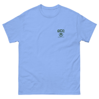 Queens Country Club sky blue T-shirt with forest green Queens Borough Golf & Recreation Dept. back graphic and small QCC logo on front chest