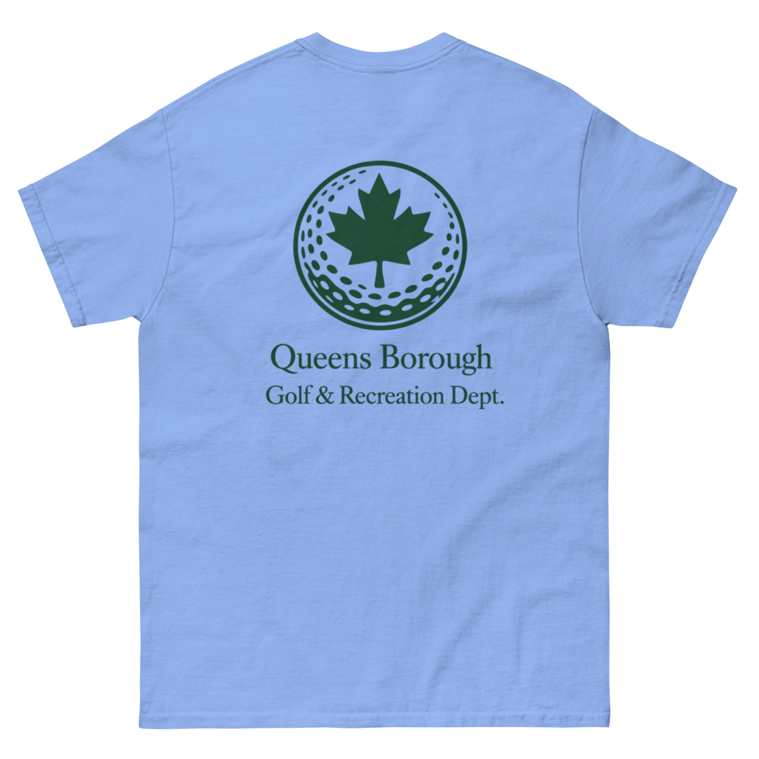 Queens Golf Dept. Tee - Green in Carolina Blue — back view | Queens Country Club