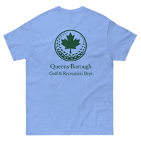 Queens Golf Dept. Tee - Green in Carolina Blue — back view | Queens Country Club