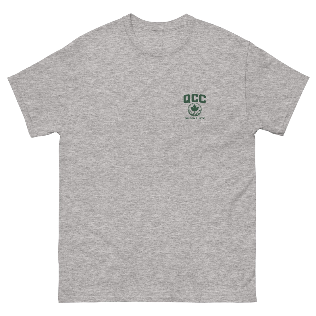 Queens Golf Dept. Tee - Green in Sport Grey — front view | Queens Country Club