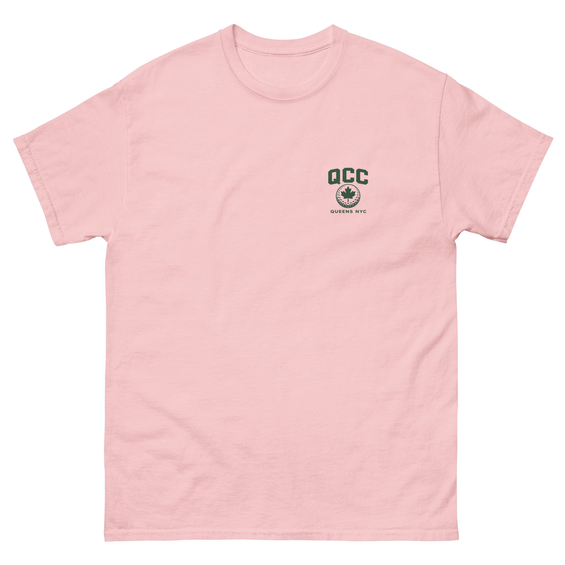Queens Golf Dept. Tee - Green in Light Pink — front view | Queens Country Club