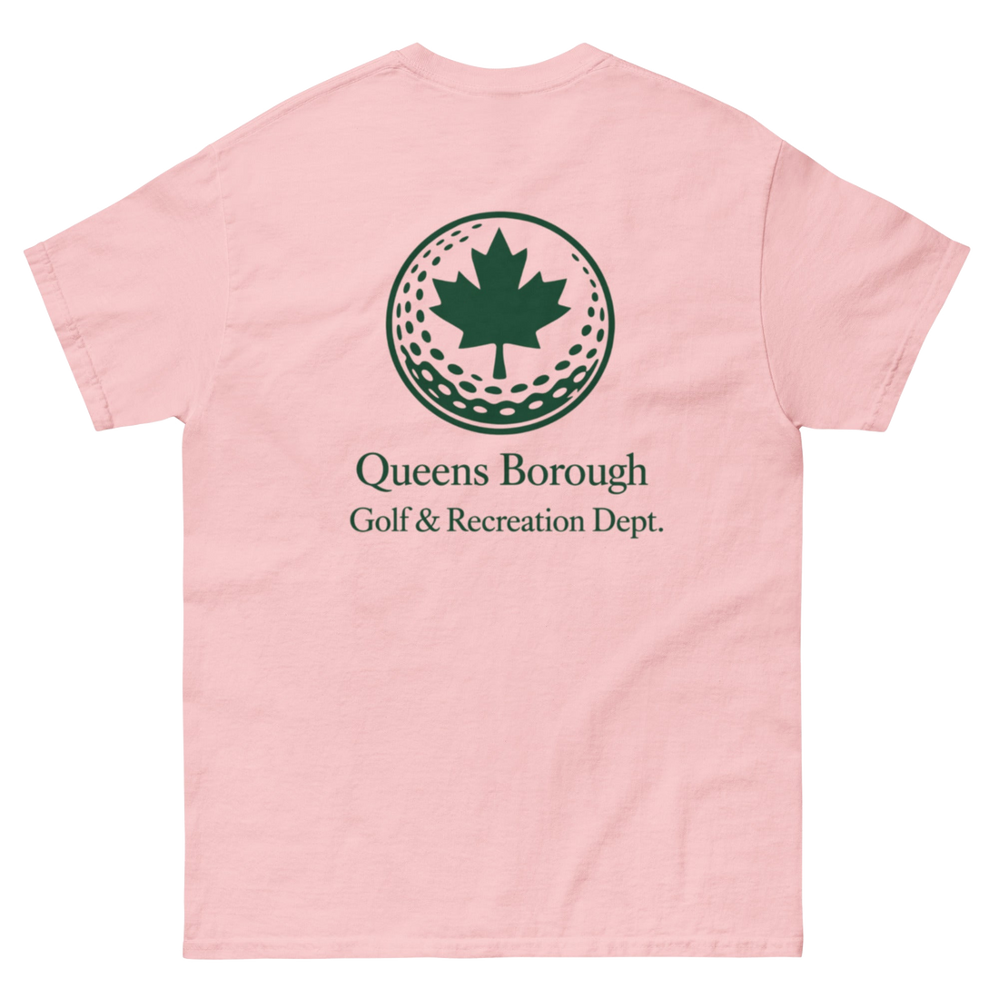 Queens Golf Dept. Tee - Green in Light Pink — back view | Queens Country Club
