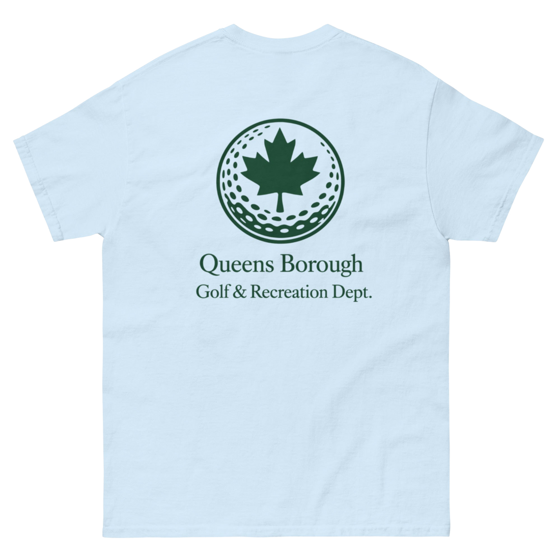 Queens Golf Dept. Tee - Green in Light Blue — back view | Queens Country Club