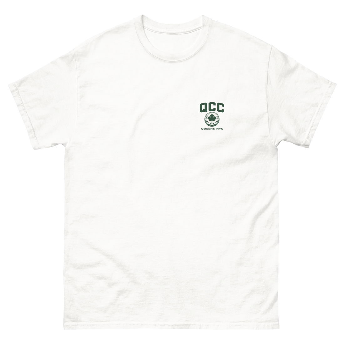 Queens Golf Dept. Tee - Green in White — front view | Queens Country Club