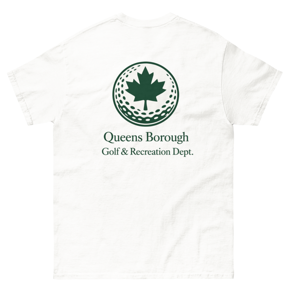 Queens Golf Dept. Tee - Green in White — back view | Queens Country Club