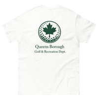 Queens Golf Dept. Tee - Green in White — back view | Queens Country Club