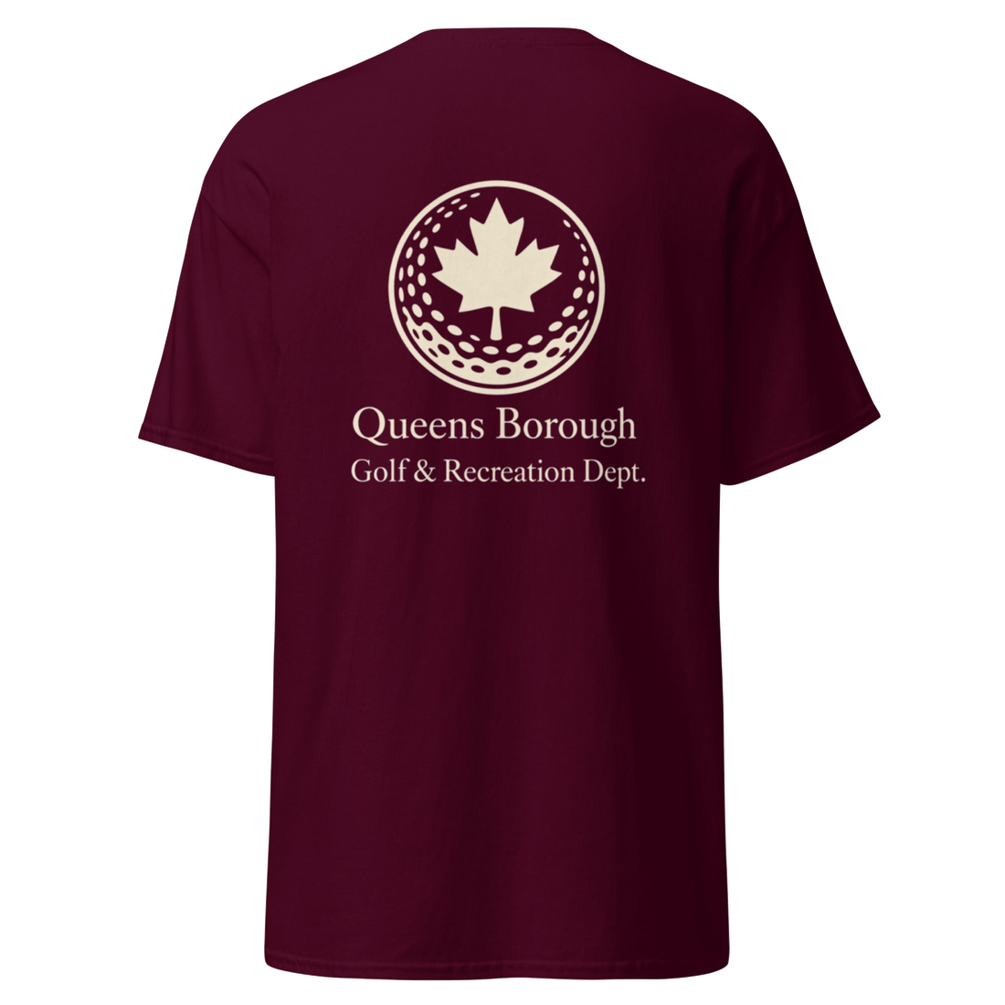 Queens Golf Dept. Tee in Maroon — back view | Queens Country Club