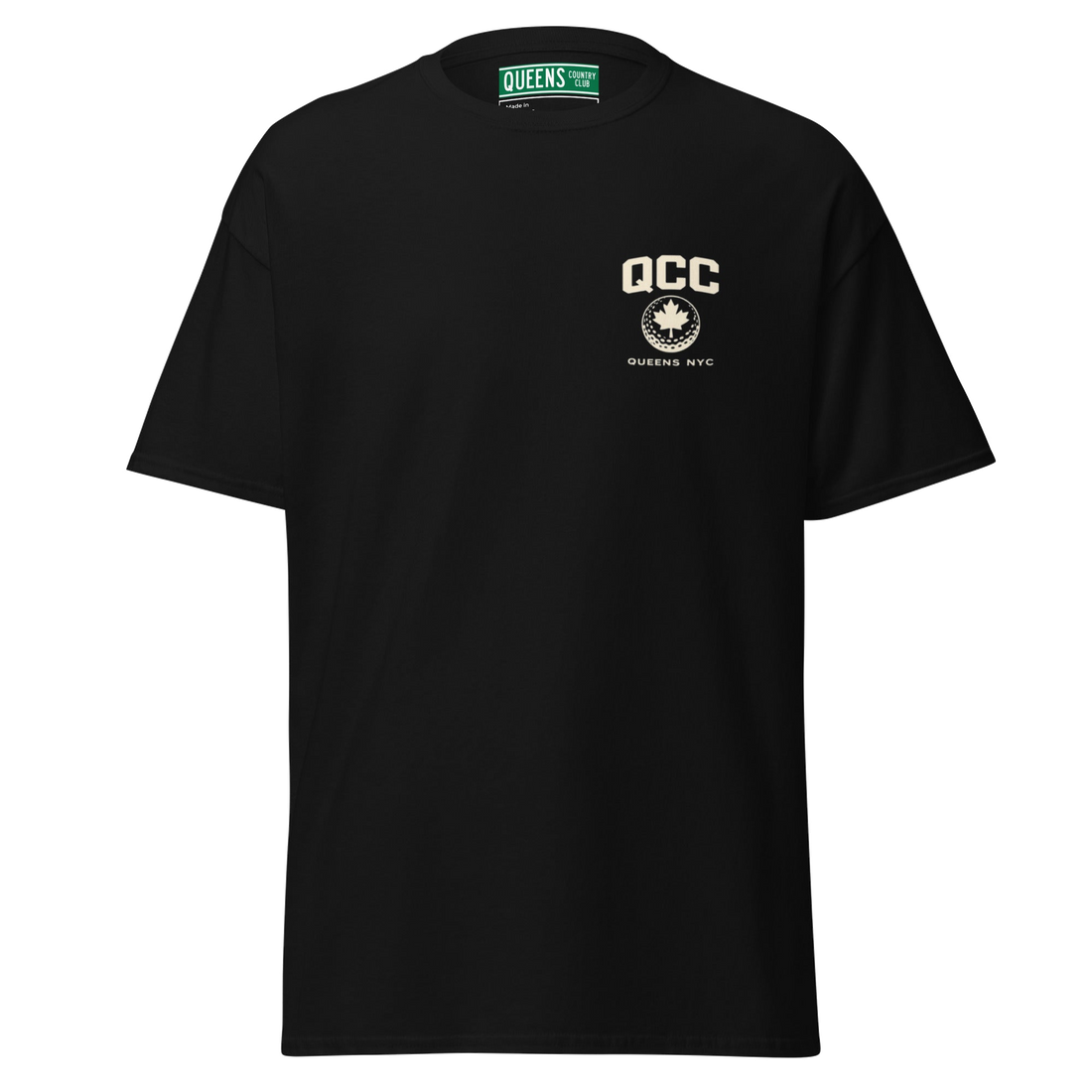 Queens Golf Dept. Tee in Black — front view | Queens Country Club