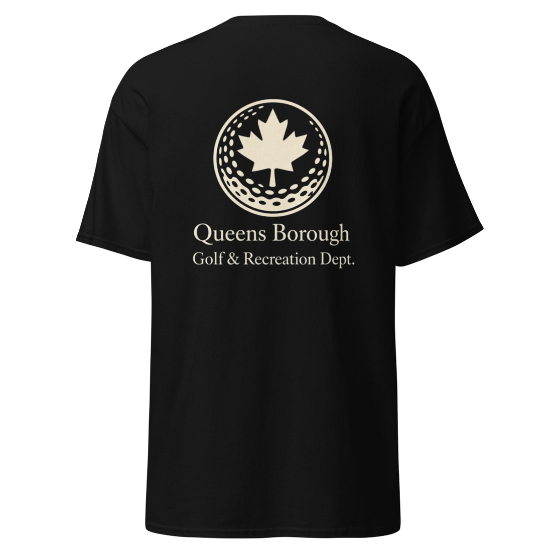 Queens Golf Dept. Tee in Black — back view | Queens Country Club