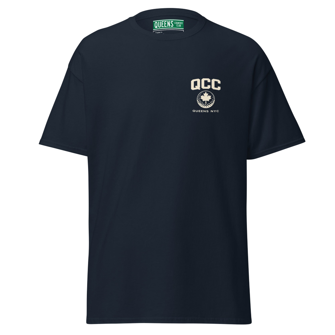Queens Golf Dept. Tee in Navy — front view | Queens Country Club