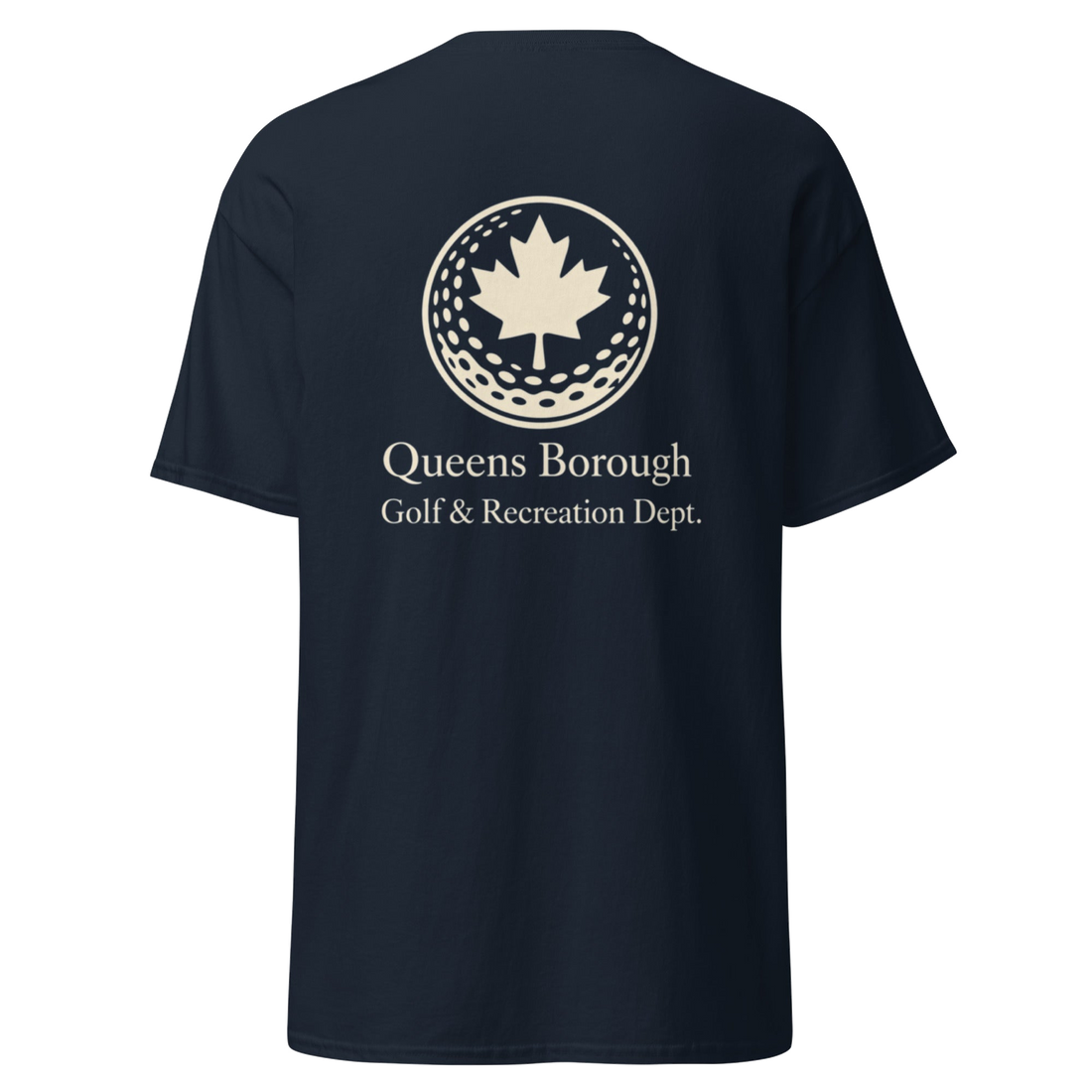 Queens Golf Dept. Tee in Navy — back view | Queens Country Club