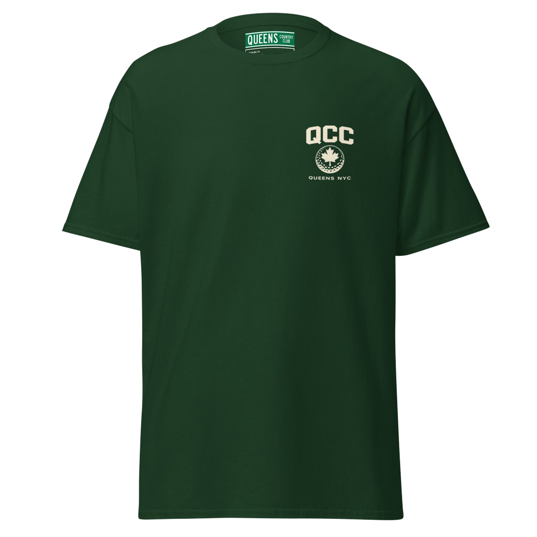 Queens Golf Dept. Tee in Forest Green — front view | Queens Country Club