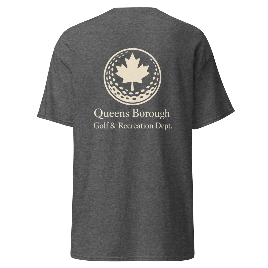 Queens Golf Dept. Tee in Dark Heather — back view | Queens Country Club