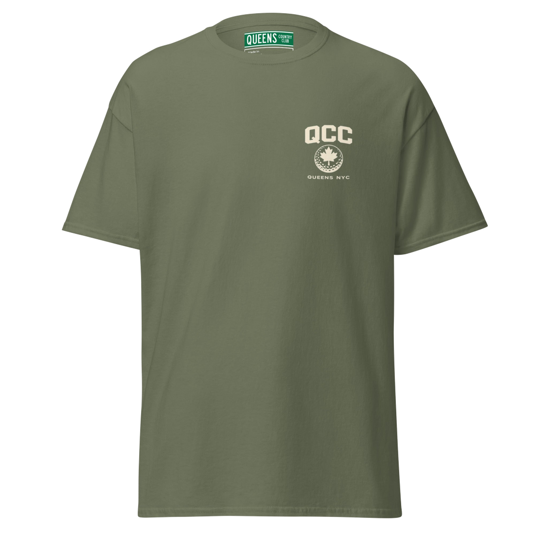 Queens Golf Dept. Tee in Military Green — front view | Queens Country Club