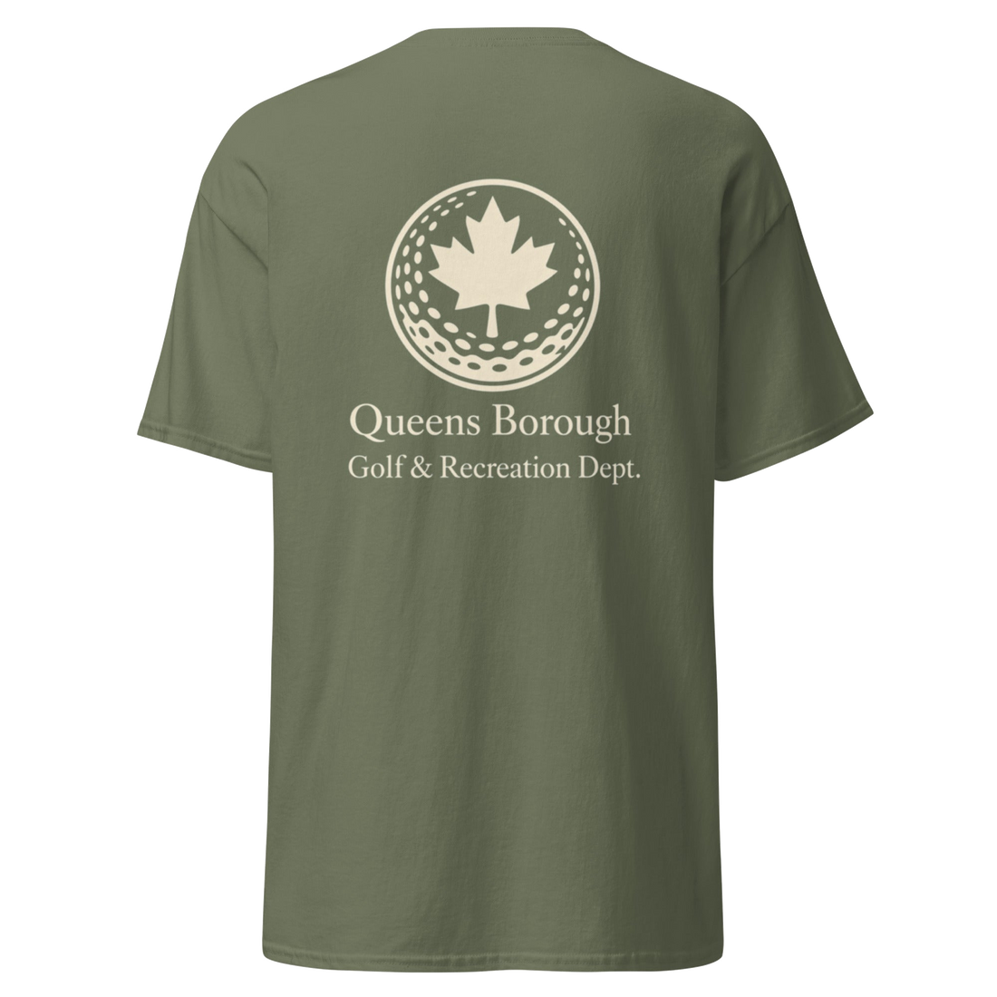 Queens Golf Dept. Tee in Military Green — back view | Queens Country Club