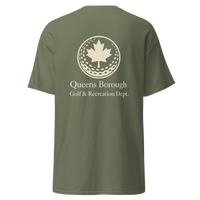 Queens Golf Dept. Tee in Military Green — back view | Queens Country Club