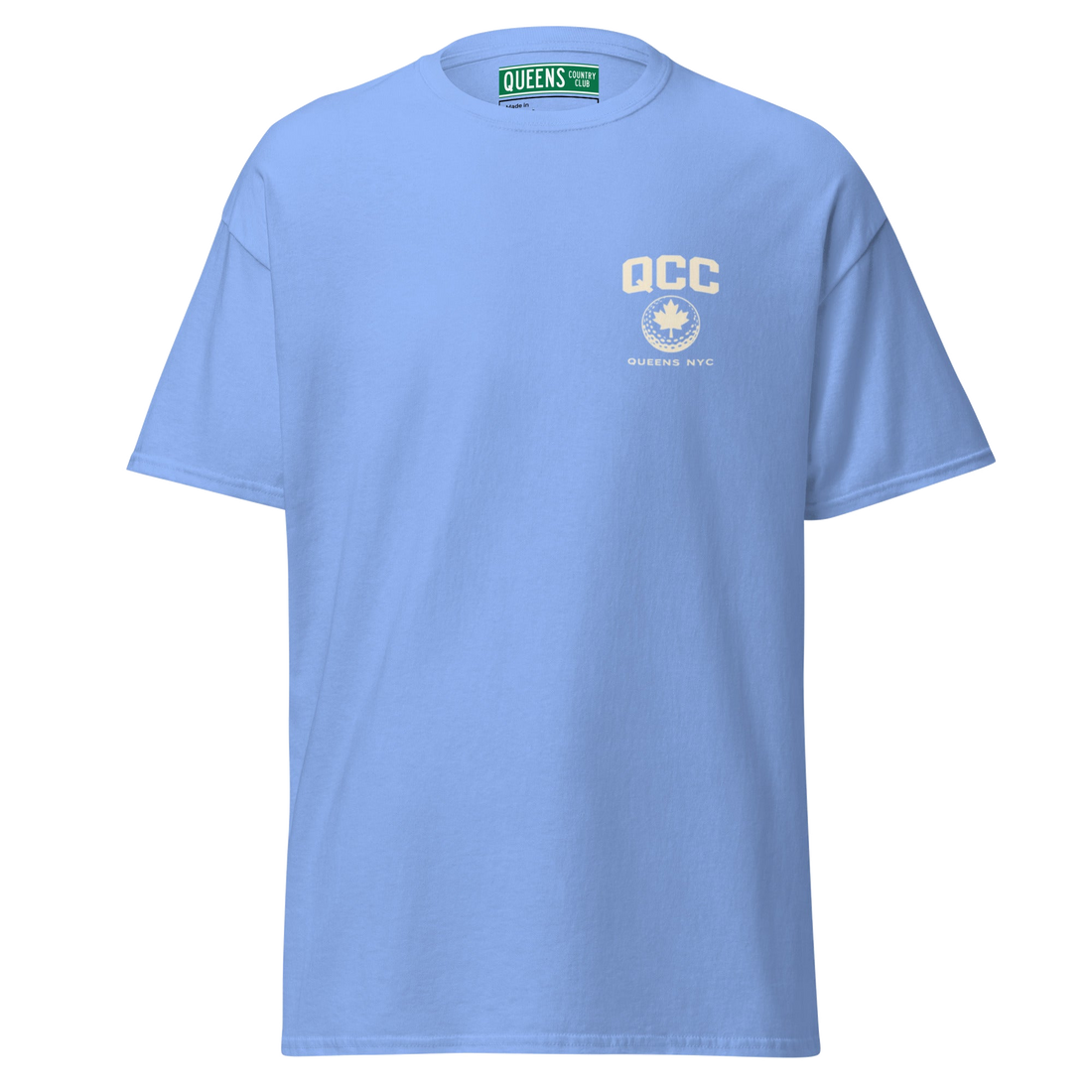 Queens Golf Dept. Tee in Carolina Blue — front view | Queens Country Club