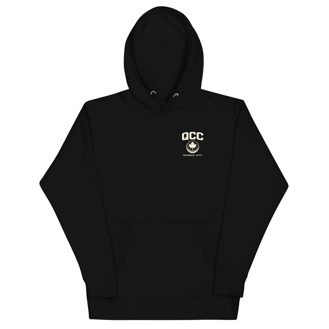 Black Queens Country Club hoodie featuring cream “Queens Borough Golf & Recreation Dept.” back graphic and small QCC logo on front chest.