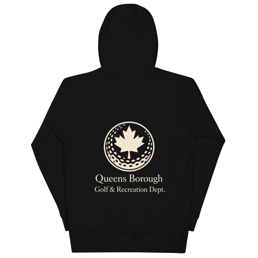 Queens Country Club hoodie featuring cream “Queens Borough Golf & Recreation Dept.” back graphic and small QCC logo on front chest.