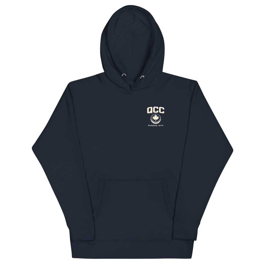 Queens Country Club hoodie featuring cream “Queens Borough Golf & Recreation Dept.” back graphic and small QCC logo on front chest.