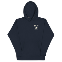 Queens Country Club hoodie featuring cream “Queens Borough Golf & Recreation Dept.” back graphic and small QCC logo on front chest.
