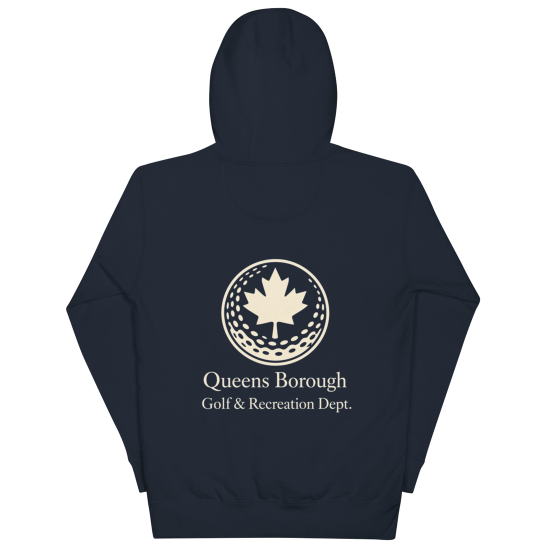 Queens Country Club hoodie featuring cream “Queens Borough Golf & Recreation Dept.” back graphic and small QCC logo on front chest.